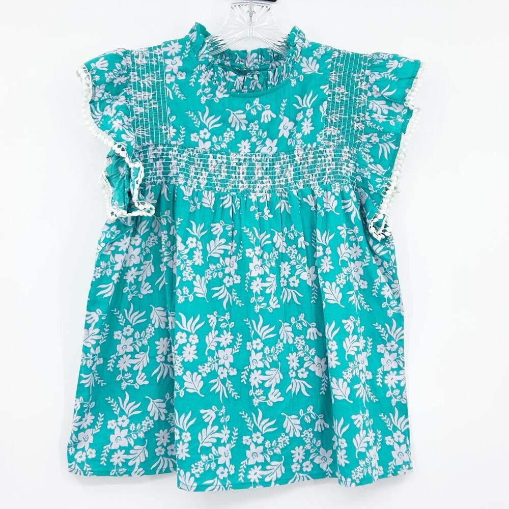 THML Teal Gray Lavender Floral Smocked Ruffle Sleeve Cotton Top Size Small - Picture 3 of 12